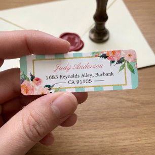 Elegant Chic Pink Flowers Mint Green Stripes Label