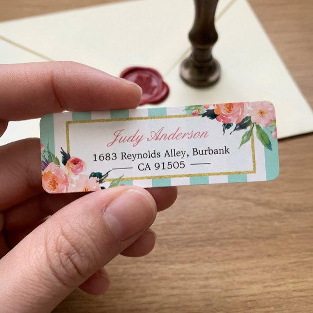 Elegant Chic Pink Flowers Mint Green Stripes Label (Creator Uploaded)