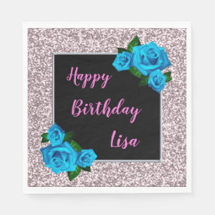 Elegant Chic Pink Glitter Blue Roses Birthday Napkins