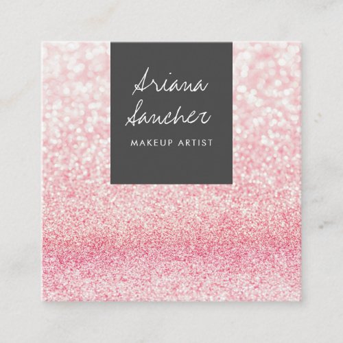 Elegant chic pink glitter glam makeup artist black square business card