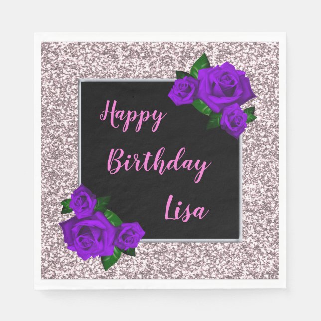 Elegant Chic Pink Glitter Purple Roses Birthday Napkins (Front)