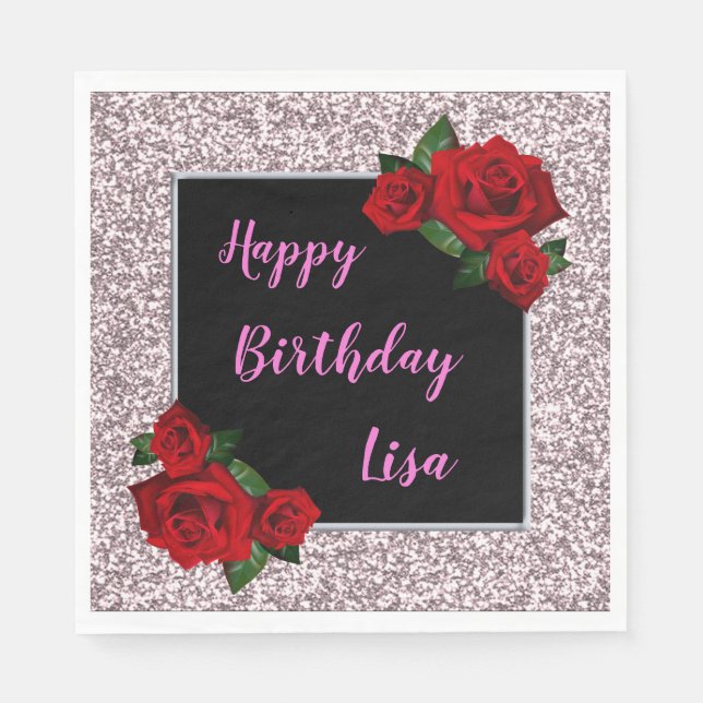 Elegant Chic Pink Glitter Red Roses Birthday Napkins (Front)