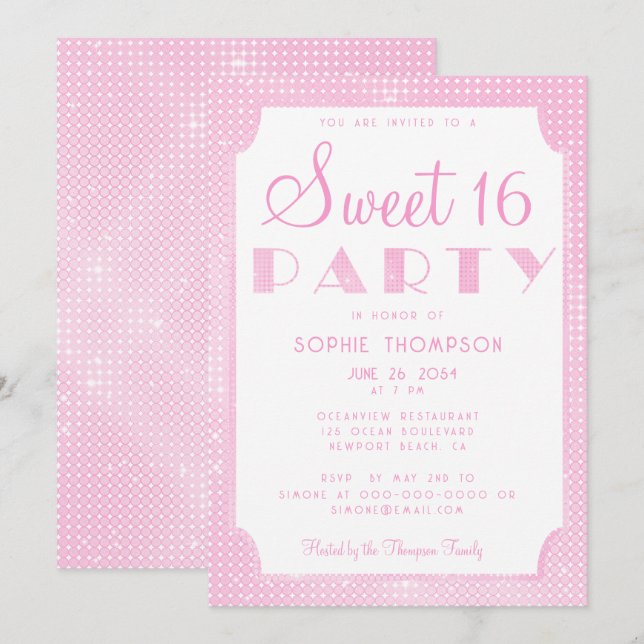 Elegant Chic Pink Glitter Sequins Sweet 16 Party Invitation (Front/Back)