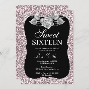 Elegant Chic Pink Glitter Silver Rose Sweet 16 Invitation
