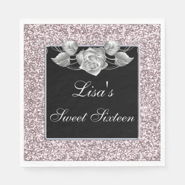 Elegant Chic Pink Glitter Silver Rose Sweet 16 Napkins (Front)
