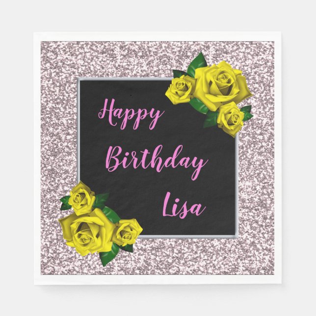 Elegant Chic Pink Glitter Yellow Roses Birthday Napkins (Front)