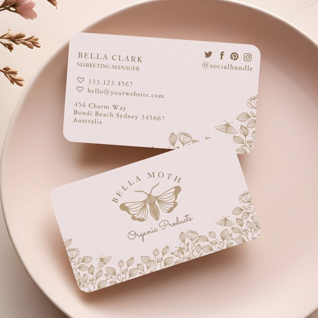 Elegant & Chic Pink & Gold Florals & Moth Logo Business Card (Elegant & Chic Pink & Gold Florals & Moth Logo Business Card)