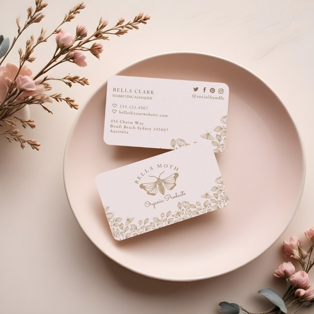 Elegant & Chic Pink & Gold Florals & Moth Logo Business Card (Elegant & Chic Pink & Gold Florals & Moth Logo Business Card)