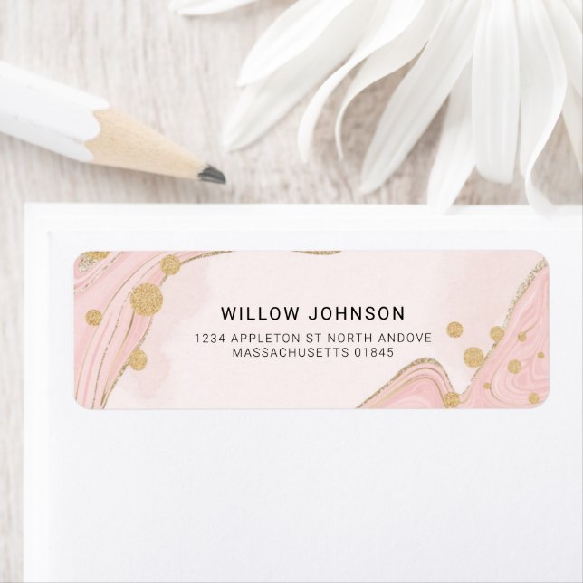 Elegant Chic Pink Gold Glitter Marble Agate Addres Label (Insitu)