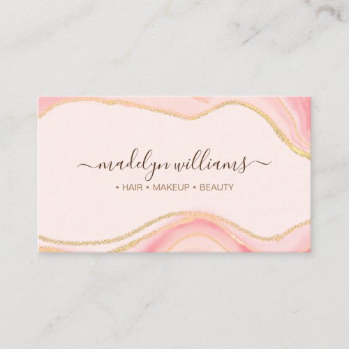 Elegant Chic Pink Gold Glitter Marble Agate Script Business Card
