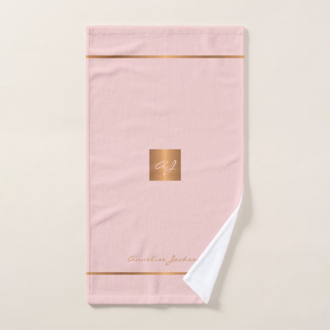 Elegant chic pink gold modern monogrammed stripes hand towel  (Hand Towel)