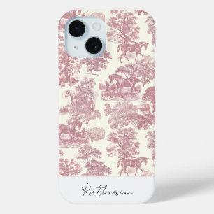 Elegant Chic Pink Horse Toile Name iPhone 15 Case