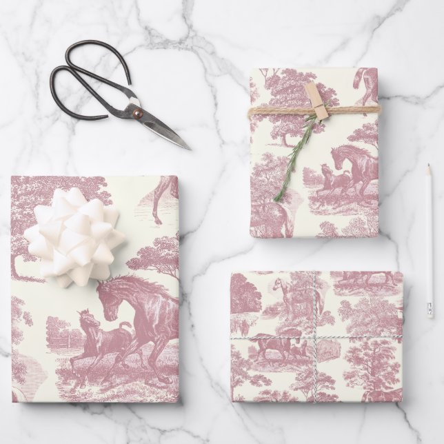 Elegant Chic Pink Horse Toile Wrapping Paper Sheets (Front)