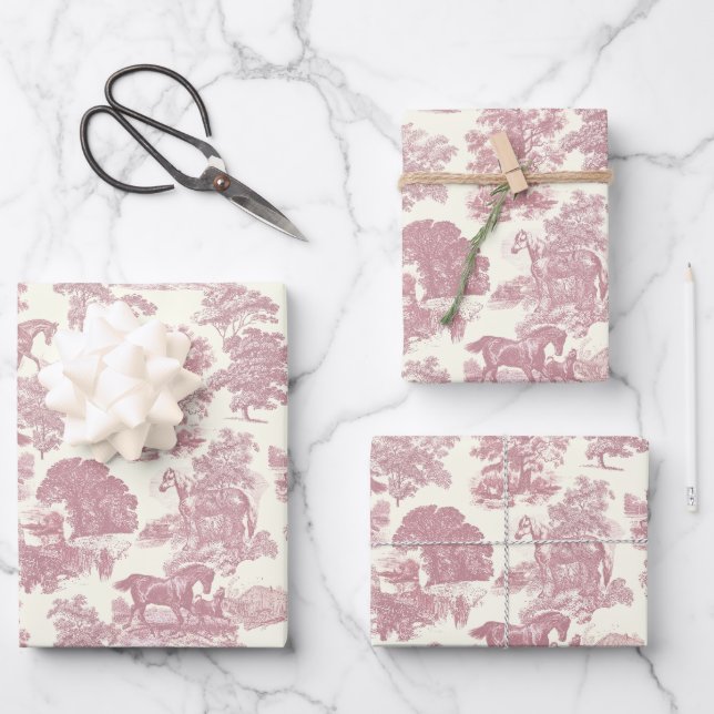 Elegant Chic Pink Horse Toile Wrapping Paper Sheets (Front)