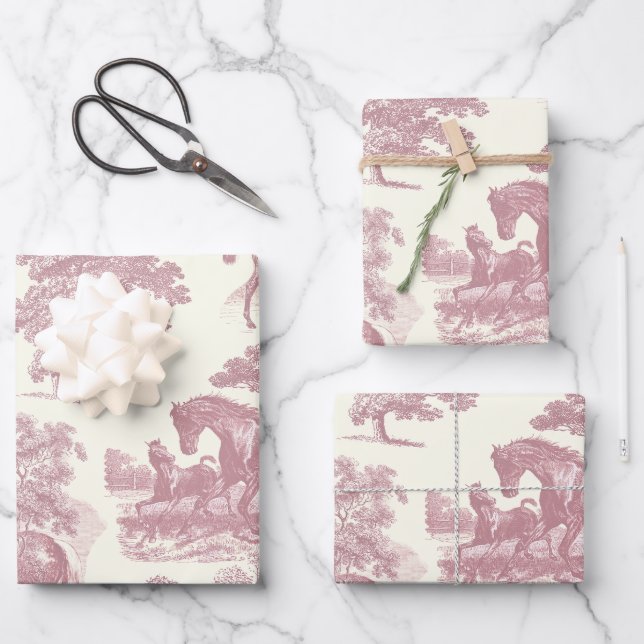 Elegant Chic Pink Horse Toile Wrapping Paper Sheets (Front)