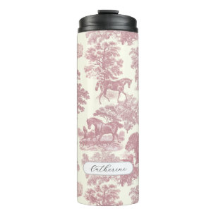 Elegant Chic Pink Horses Toile with Name Thermal Tumbler