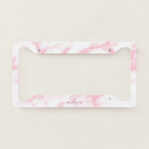 Elegant Chic Pink Marble Monogram Name Cute Girly License Plate Frame