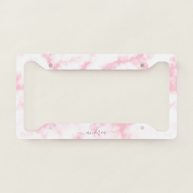 Elegant Chic Pink Marble Monogram Name Cute Girly License Plate Frame (Front)