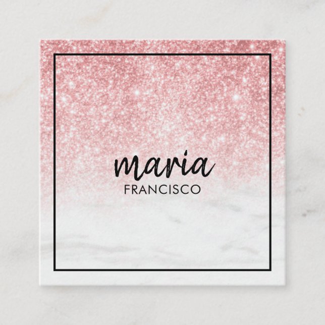 Elegant chic pink modern square minimalist black   business card (Front)