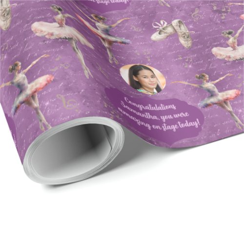 Elegant Chic Pink Purple Name Text Photo Ballerina Wrapping Paper