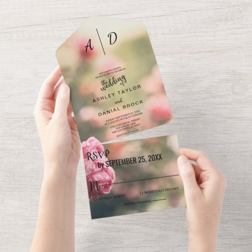 Elegant chic pink rose blossom floral Wedding All  All In One Invitation