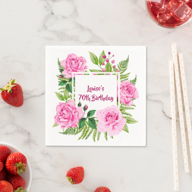 Elegant Chic Pink Roses 70th Birthday Napkins (Insitu)