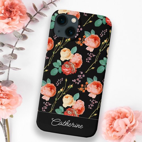 Elegant Chic Pink Roses Floral on Black iPhone 13 Case