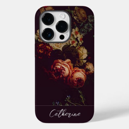 Elegant Chic Pink Roses Floral on Black Name Case_Mate iPhone 14 Pro Case