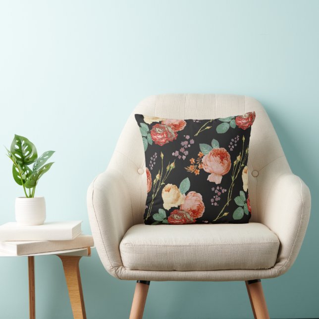 Elegant Chic Pink Roses Floral on Black  Throw Pillow (Chair)
