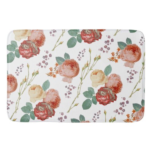 Elegant Chic Pink Roses Floral on White Bath Mat