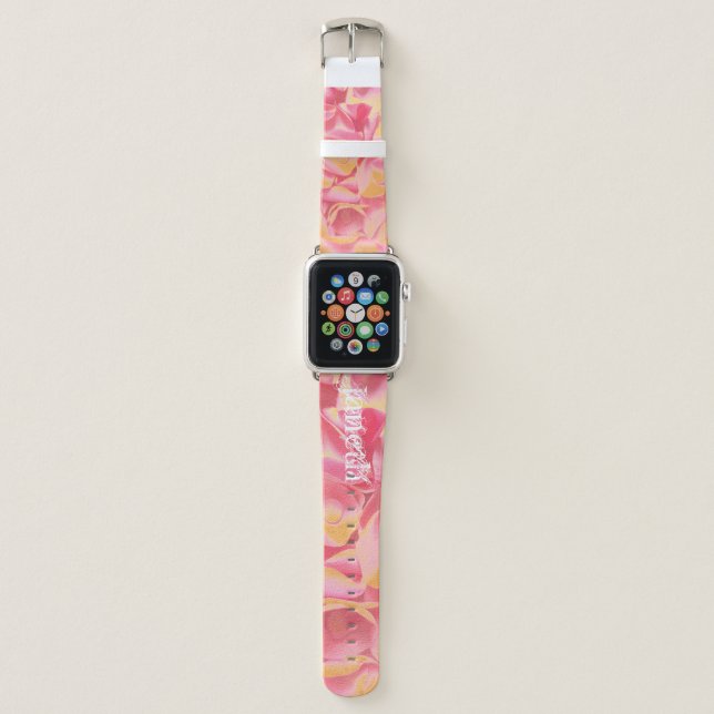 Elegant Chic Pink Roses Gold Name Template Apple Watch Band (Front)