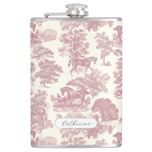 Elegant Chic Pink Rustic Horse Toile Name Flask