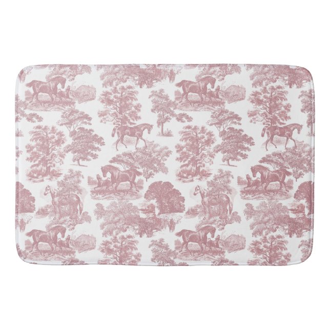 Elegant Chic Pink Rustic Horses Toile Bath Mat (Front)