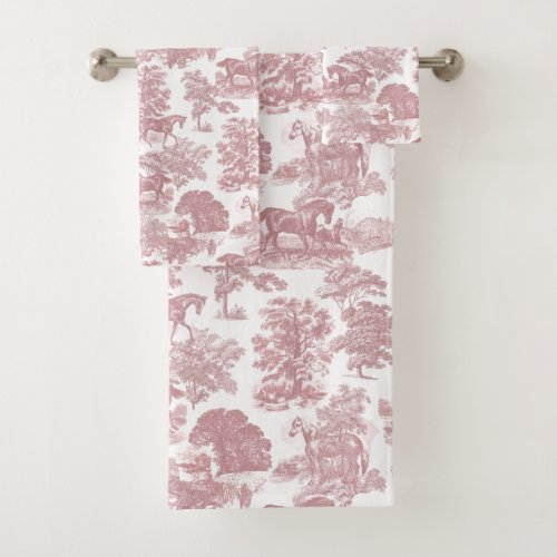 Elegant Chic Pink Rustic Horses Toile Bath Towel Set