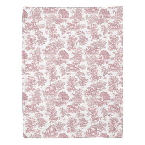 Elegant Chic Pink Rustic Horses Toile Duvet Cover