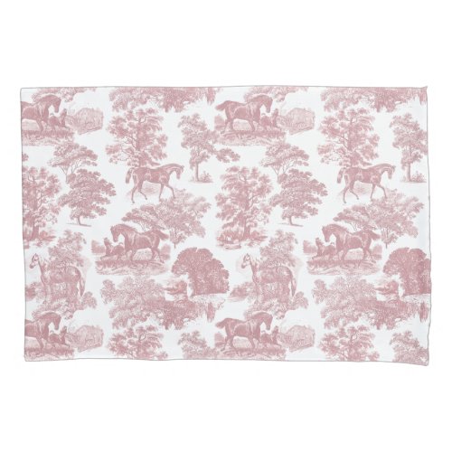 Elegant Chic Pink Rustic Horses Toile Pillow Case