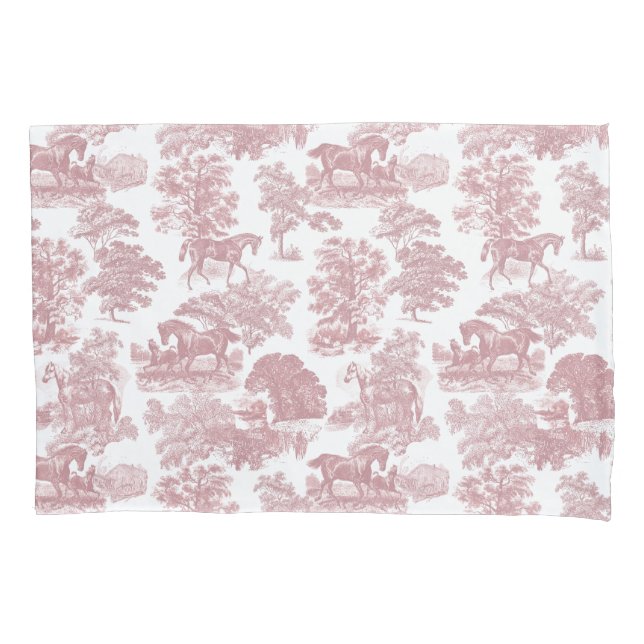 Elegant Chic Pink Rustic Horses Toile Pillow Case (Front-Left)