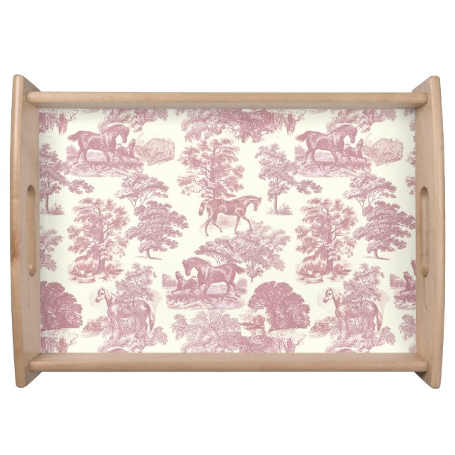 Elegant Chic Pink Rustic Horses Toile Serving Tray (Front)
