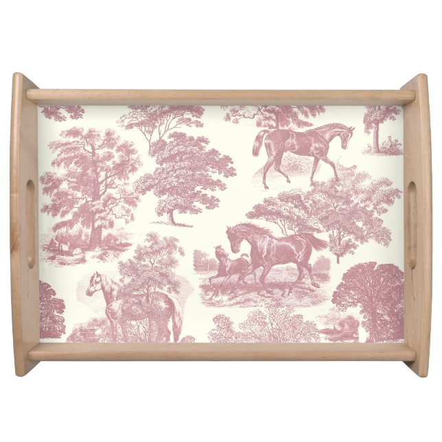 Elegant Chic Pink Rustic Horses Toile Serving Tray (Front)