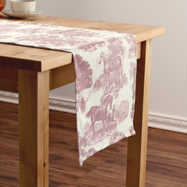 Elegant Chic Pink Rustic Horses Toile Short Table Runner (In Situ)