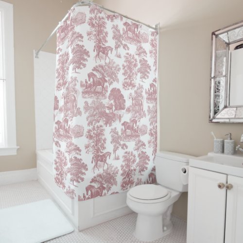 Elegant Chic Pink Rustic Horses Toile Shower Curtain