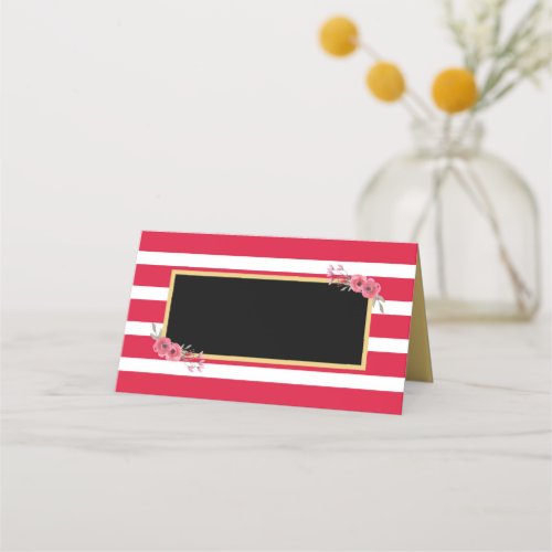 Elegant Chic Pink Stripes with Watercolor Flowers Place Card