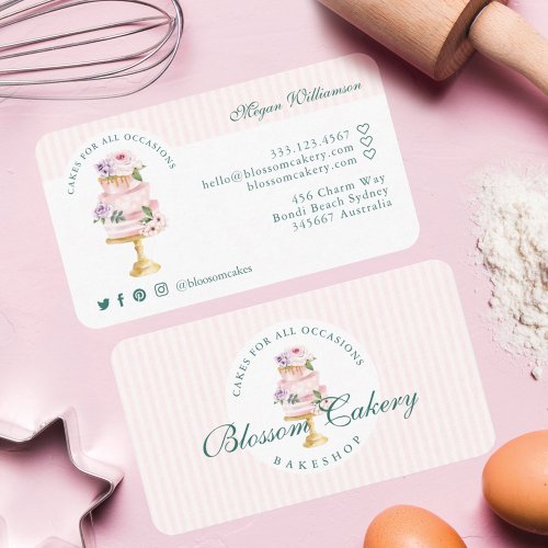 Elegant  Chic Pink Watercolor Floral Cake Bakery Business Card