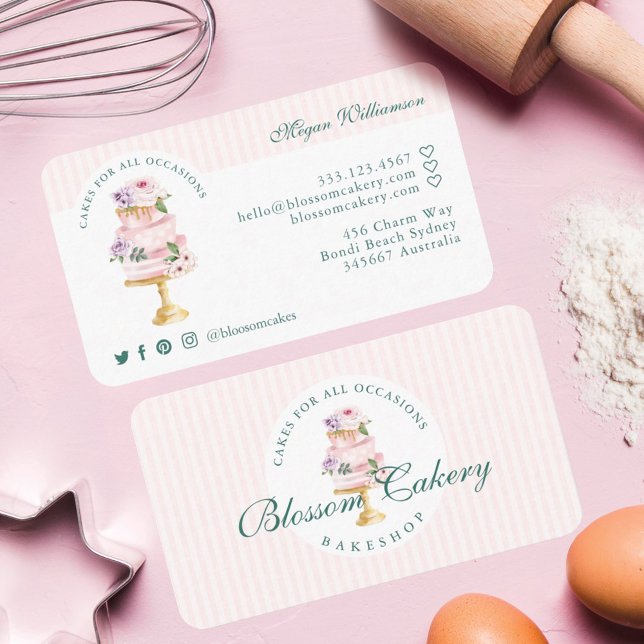 Elegant & Chic Pink Watercolor Floral Cake Bakery Business Card (Creator Uploaded)