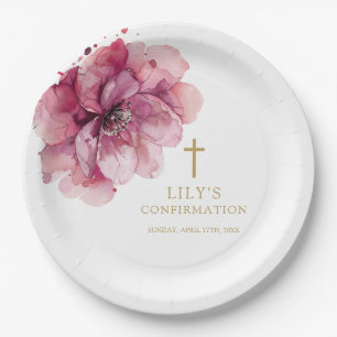 Elegant Chic Pink Watercolor Floral Confirmation Paper Plates