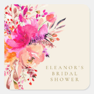 Elegant Chic Pink Watercolor Floral Shower Cream Square Sticker
