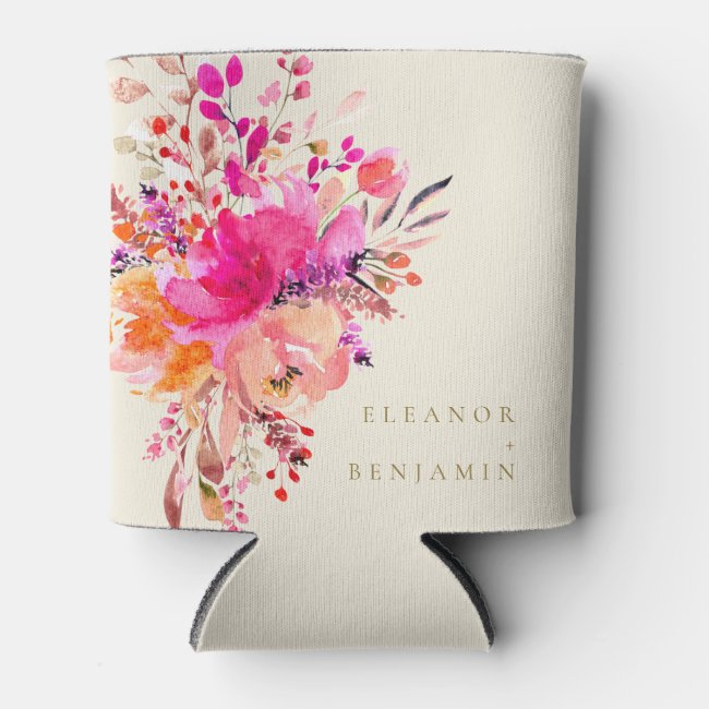 Elegant Chic Pink Watercolor Floral Wedding Custom Can Cooler