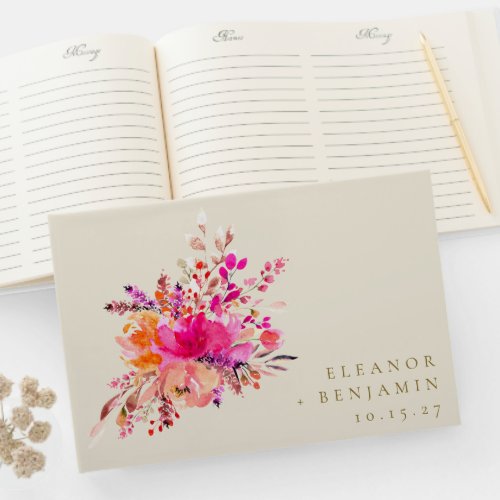 Elegant Chic Pink Watercolor Floral Wedding Custom Guest Book