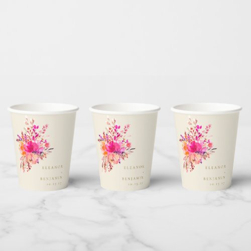 Elegant Chic Pink Watercolor Floral Wedding Custom Paper Cups