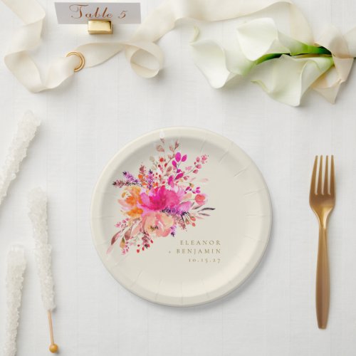 Elegant Chic Pink Watercolor Floral Wedding Custom Paper Plates